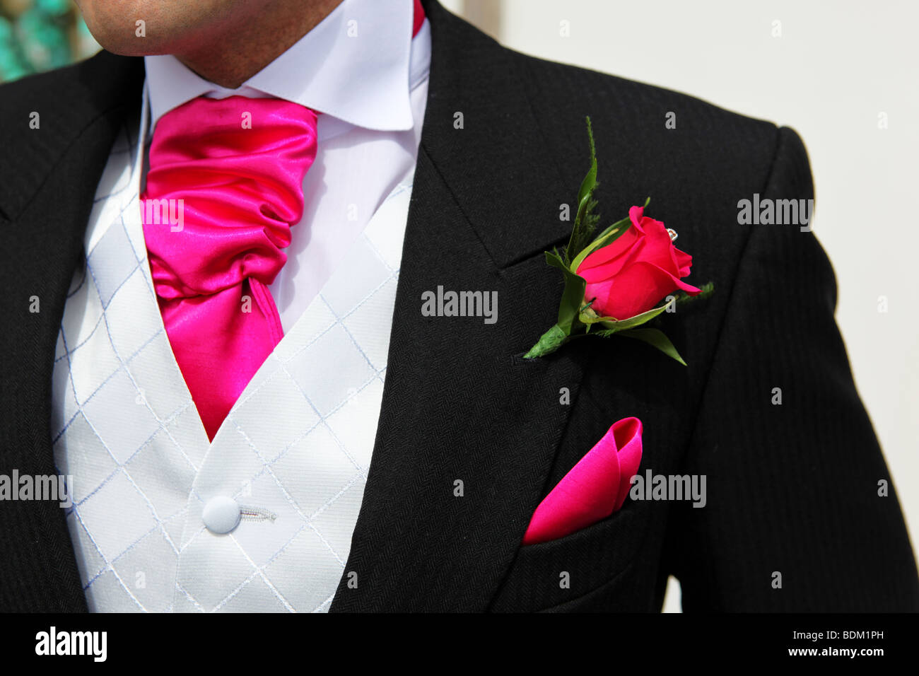 Nahaufnahme Detail bunt rosa Knopfloch des Bräutigams Hochzeit Anzug Jacke mit passender Krawatte und Einstecktuch Stockfoto