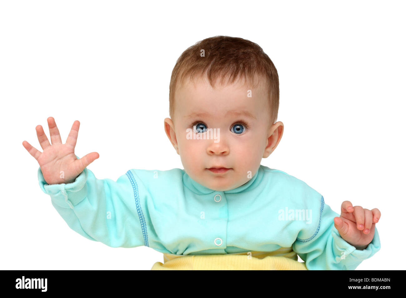 Baby mit Hand - Stop Geste isoliert auf weiss Stockfoto