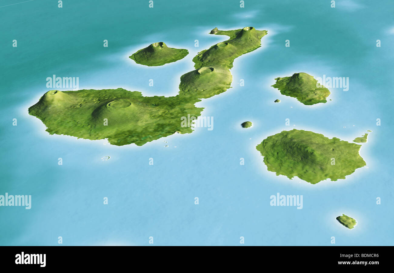 Galapagos-Inseln. 3D Ansicht aus großer Höhe aus Satellitenbildern gerendert. Stockfoto