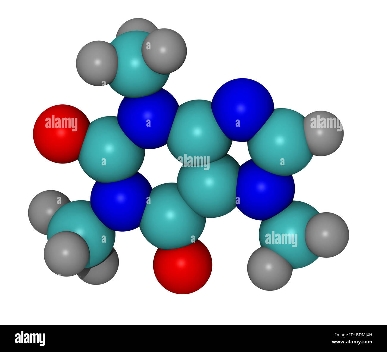computergenerierte dreidimensionale raumfüllende Modell von Koffein Molekül Stockfoto