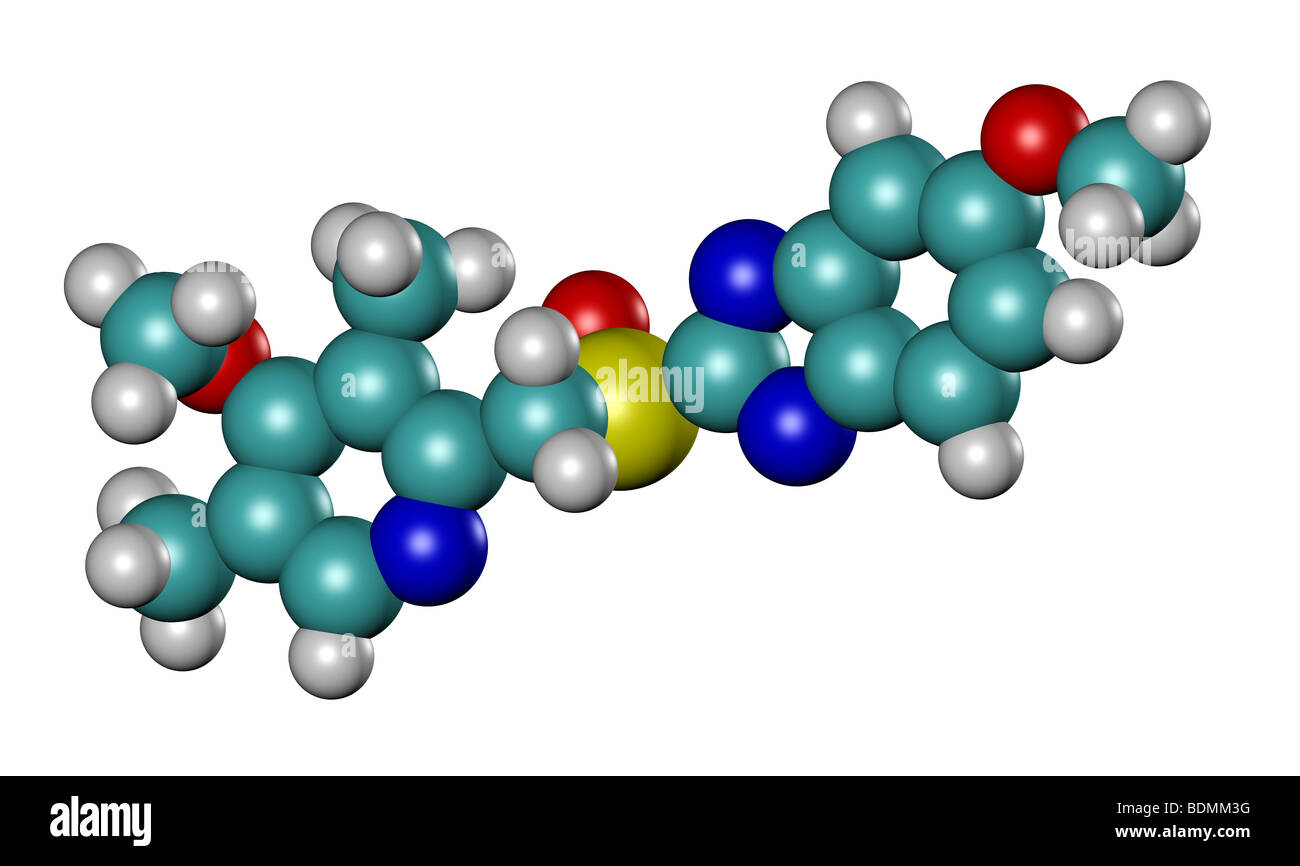 Dreidimensionales Modell der raumfüllende Esomeprazol, Protonenpumpenhemmer, Marke Namen Sompraz, Zoleri, Nexium, Lucen Stockfoto