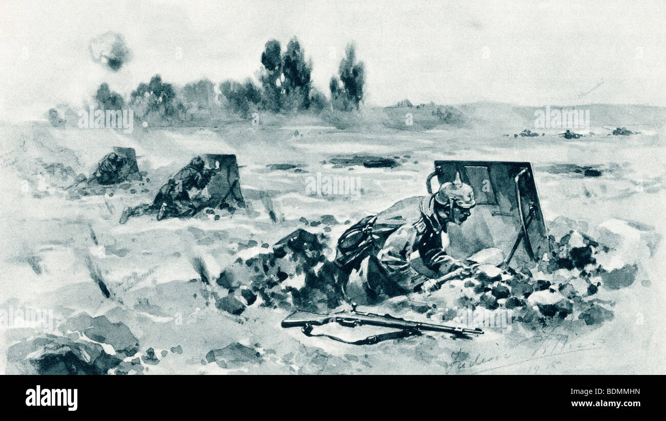 Deutsche Soldaten mit Graben Schilde zum Schutz vor Feind Feuer während des ersten Weltkrieges. Stockfoto