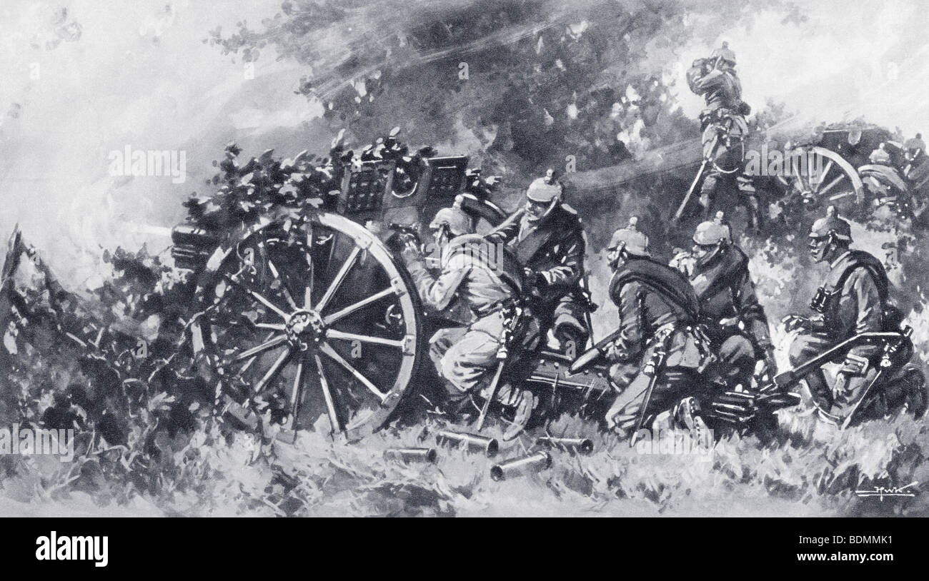 Deutsche Feld Geschütze im Einsatz im ersten Weltkrieg.  Eine maskierte Batterie, abgeschirmt durch Laub, eröffnete das Feuer. Stockfoto