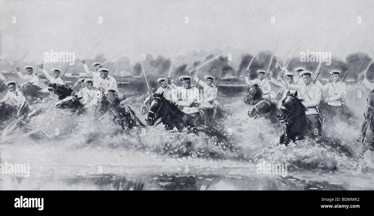 Russische Kavallerie laden gegen die deutschen bei Gumbinnen, Ostpreußen an der russischen Front während des ersten Weltkrieges. Stockfoto