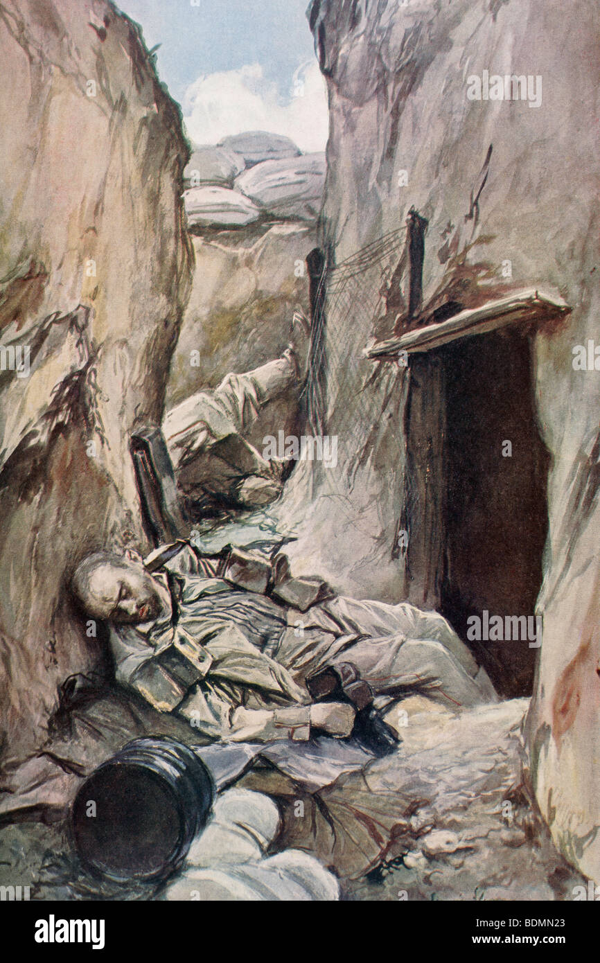 Tote deutsche Soldaten in einem Graben während des ersten Weltkrieges. Stockfoto