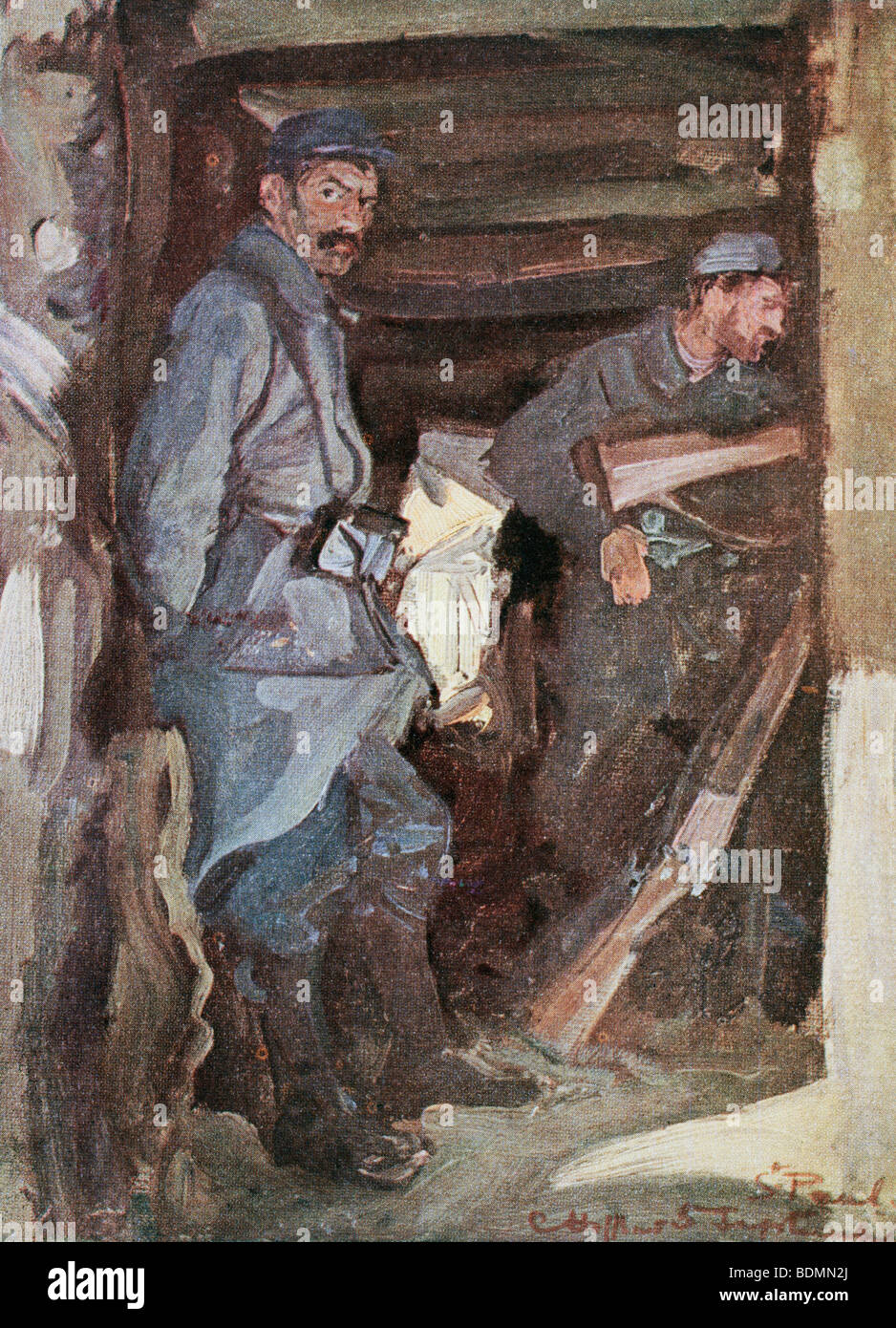 Französische Soldaten während des ersten Weltkrieges in Alarmbereitschaft in einem überdachten Graben. Stockfoto