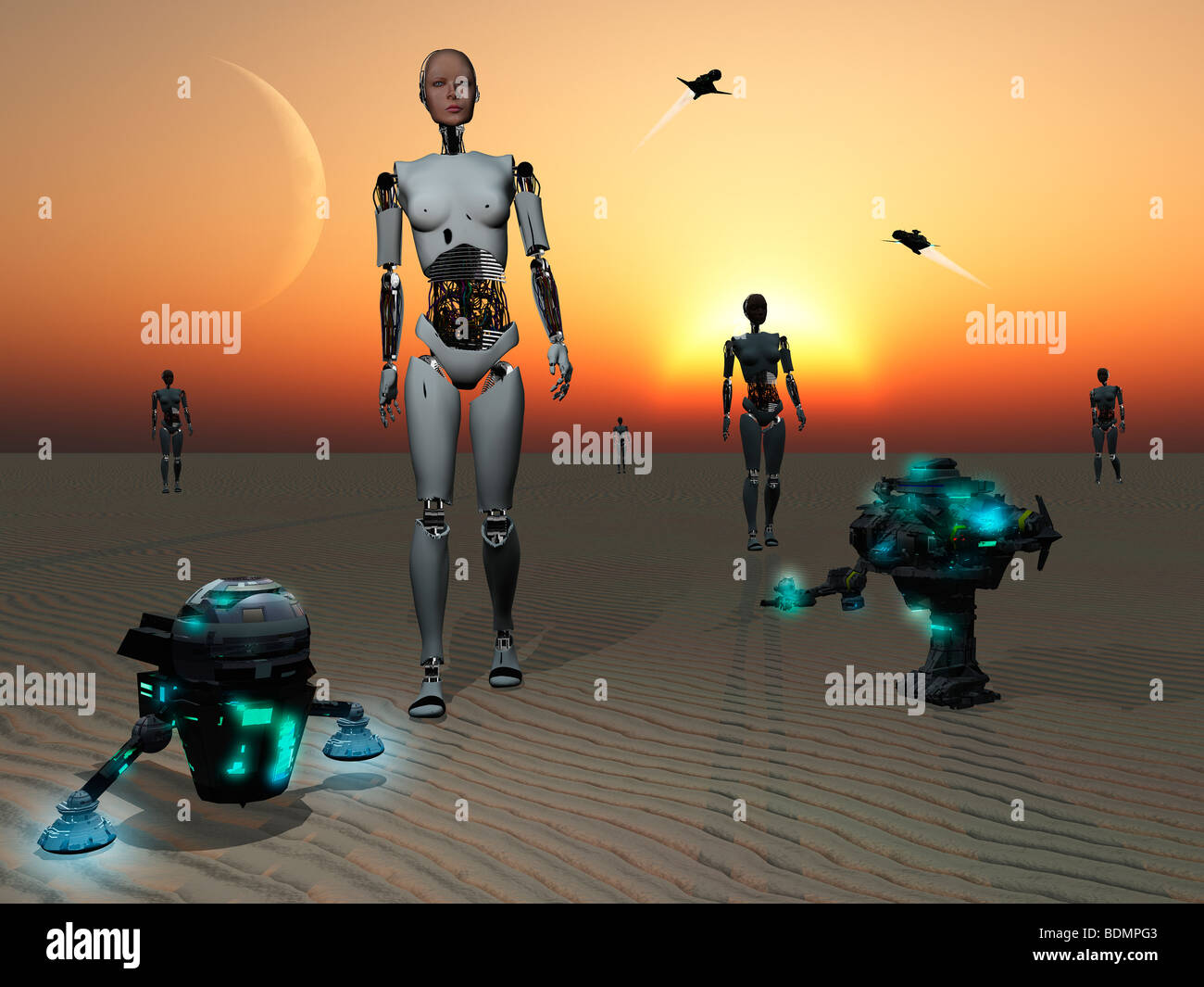 Androiden & Roboter eine Wüstenregion einer fernen Welt zu erkunden. Stockfoto
