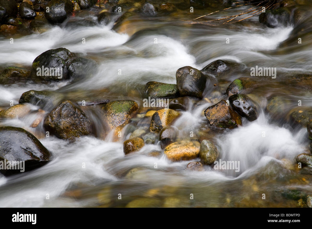Ein kleiner Fluss oder Bach Rauschen über einem Wasserfall und hell farbigen Felsen Stockfoto