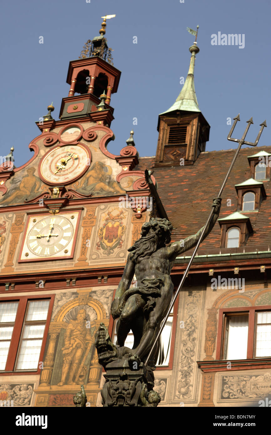 Poseidon-Brunnen und Fassade des historischen Rathauses, Tübingen, Baden-Württemberg, Deutschland, Europa Stockfoto