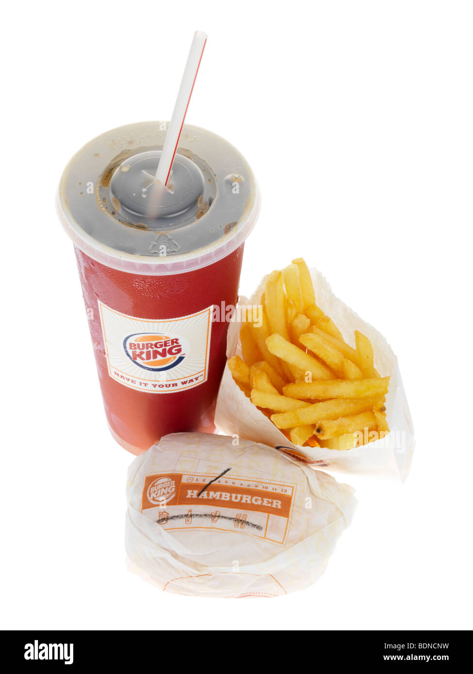 Hamburger-Chips und Getränk Stockfoto