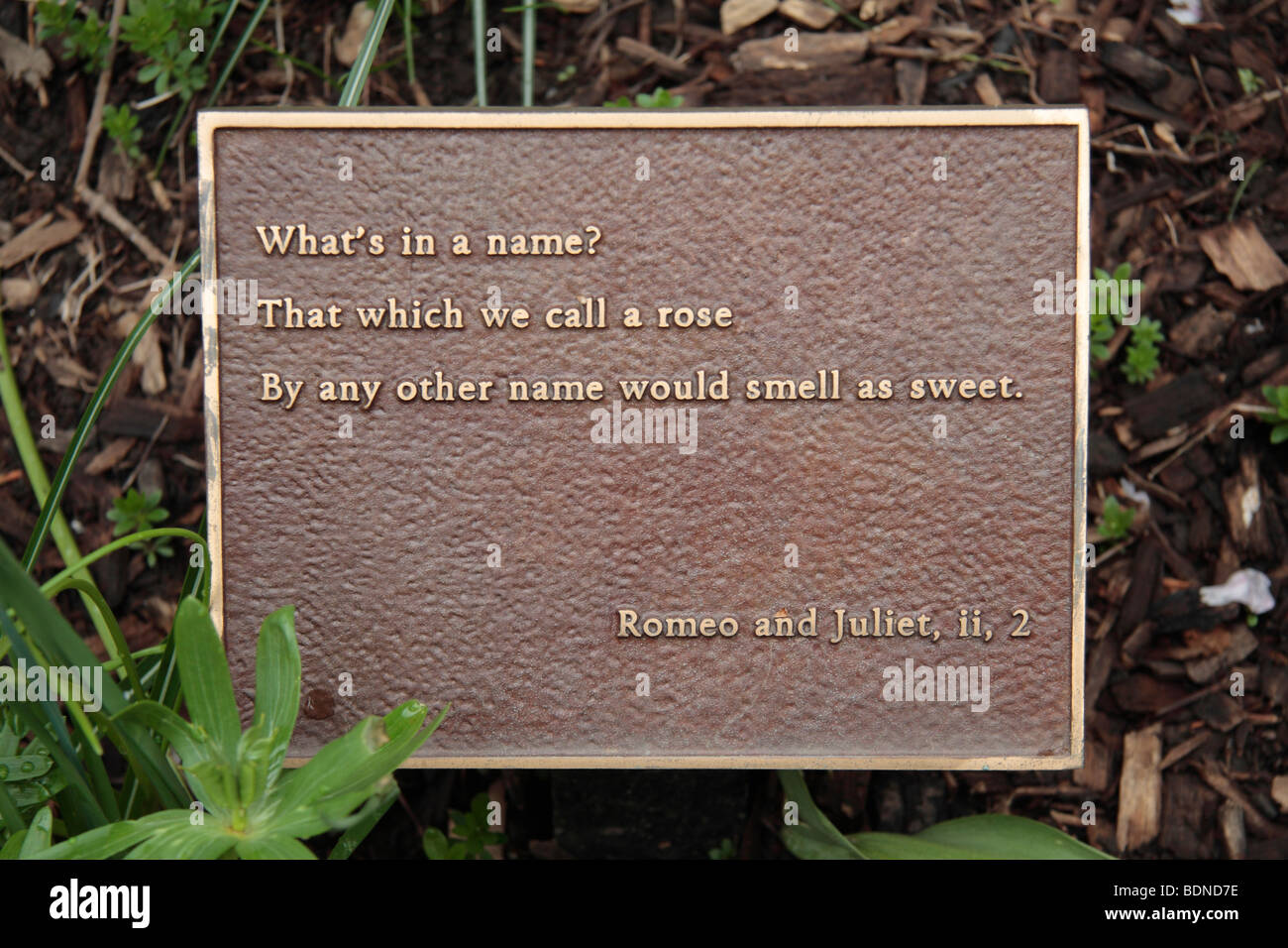 Ein Zitat aus "Romeo & Julia" in ein Blumenbeet im Garten Shakesphere, Central Park, New York, Vereinigte Staaten von Amerika. Stockfoto