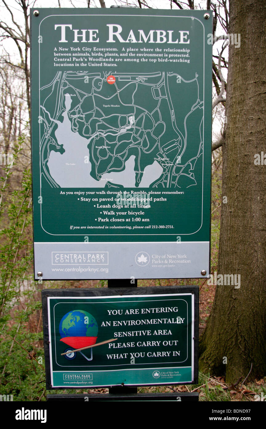 Eine Karte des Gebiets beliebte Vogelbeobachtung vom Central Park namens The Ramble, New York City, Vereinigte Staaten von Amerika. Stockfoto