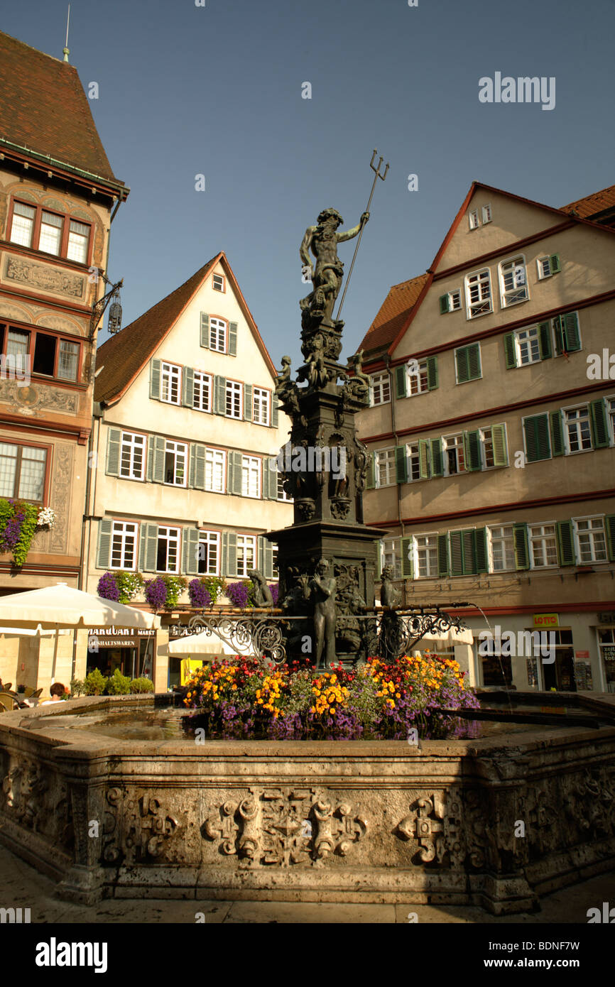 Poseidon-Brunnen und Fassaden der historischen Altstadt, Tübingen, Baden-Württemberg, Deutschland, Europa Stockfoto