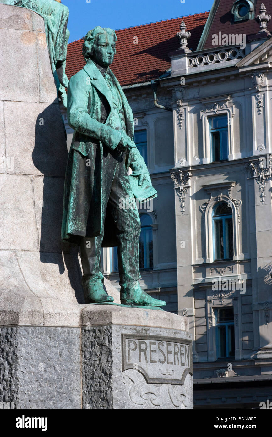 Statue des slowenischen Dichters France Preseren, Ljubljana, Slowenien. Das Denkmal wurde im Jahre 1905 errichtet. Stockfoto