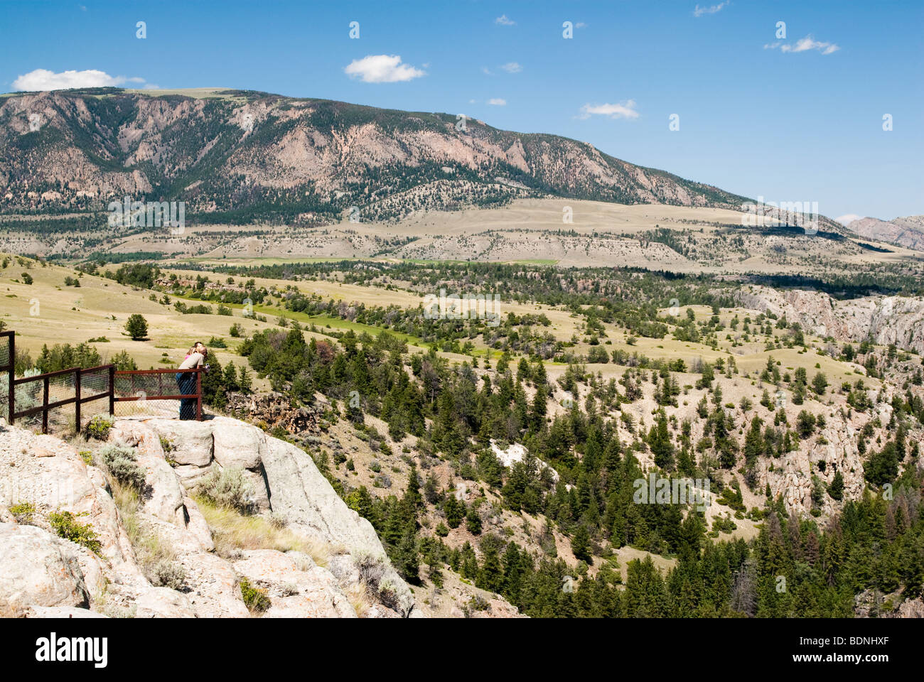 Brücke über die Schlucht Sonnenlicht Creek entlang der Chief Joseph Scenic Byway in Wyoming Stockfoto