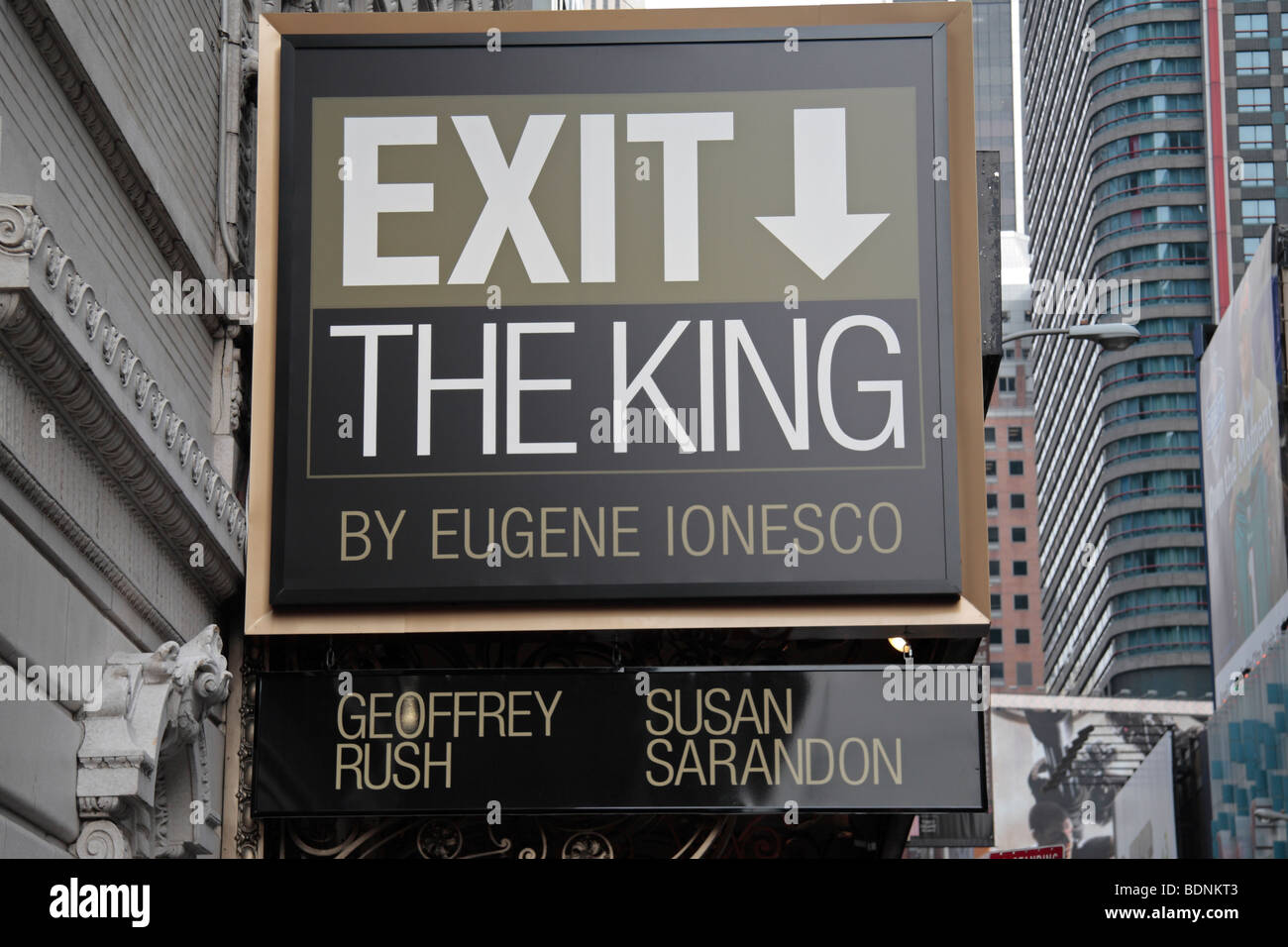 Nahaufnahme des Kuratoriums für Exit The King "am Ethel Barrymore Theater, 47th Street, New York. Stockfoto
