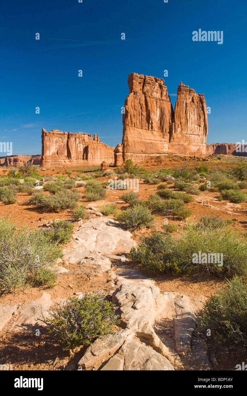 CourthouseTowers Formationen im Arches-Nationalpark, Moab, Utah, USA Stockfoto