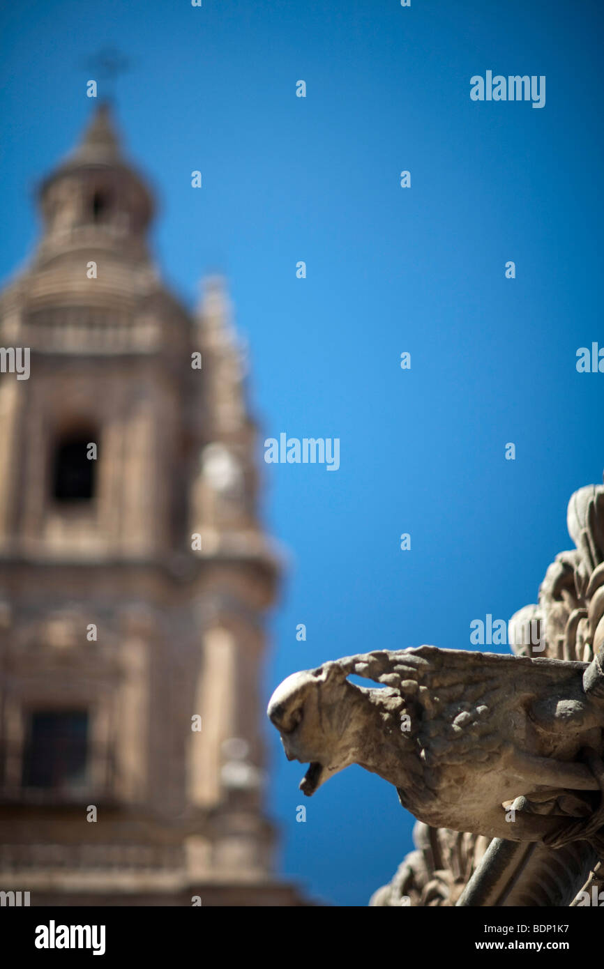 Wasserspeier aus dem Haus Schalen mit der Kleriker-Kirche auf dem Hintergrund, Salamanca, Spanien Stockfoto