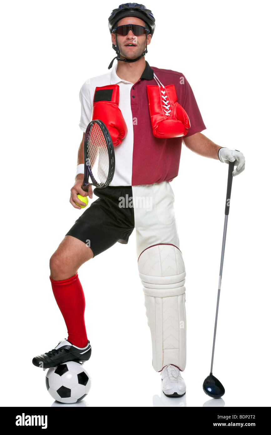 Konzept-Bild eines Sportlers tragen verschiedene verschiedene sportliche Kit und Ausrüstung, isoliert auf einem weißen Hintergrund. Stockfoto