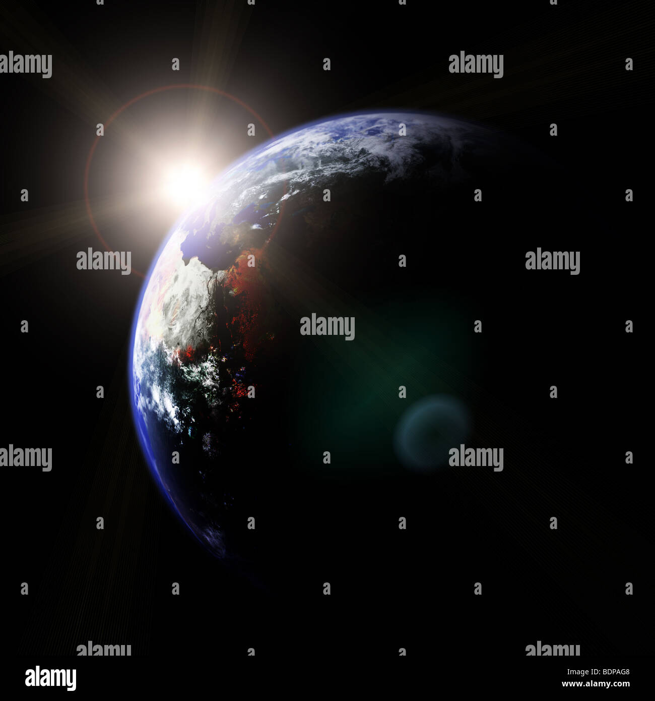 Raum-Landschaft-Illustration - Erde und Sonne Stockfoto