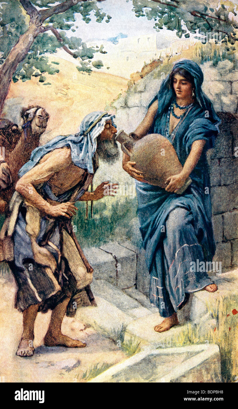 Malerei von Rebekka, in denen sie Wasser zu Abrahams Knecht Elieser gemalt von Harold Copping anbietet Stockfoto