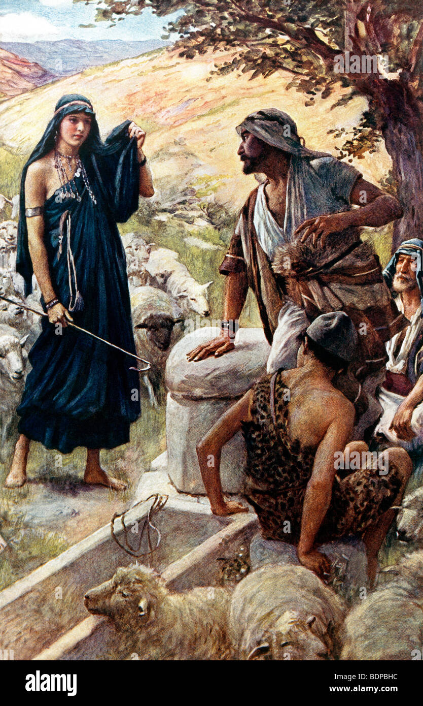 Illustration von Jacob, der Shepherd Rachel am Brunnen von Haran trifft, gemalt von Harold Copping Stockfoto