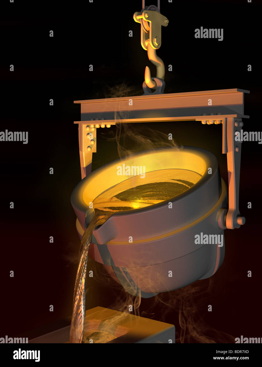 Abbildung von geschmolzenem Metall gegossen aus einer Gießerei-Tiegel Stockfoto