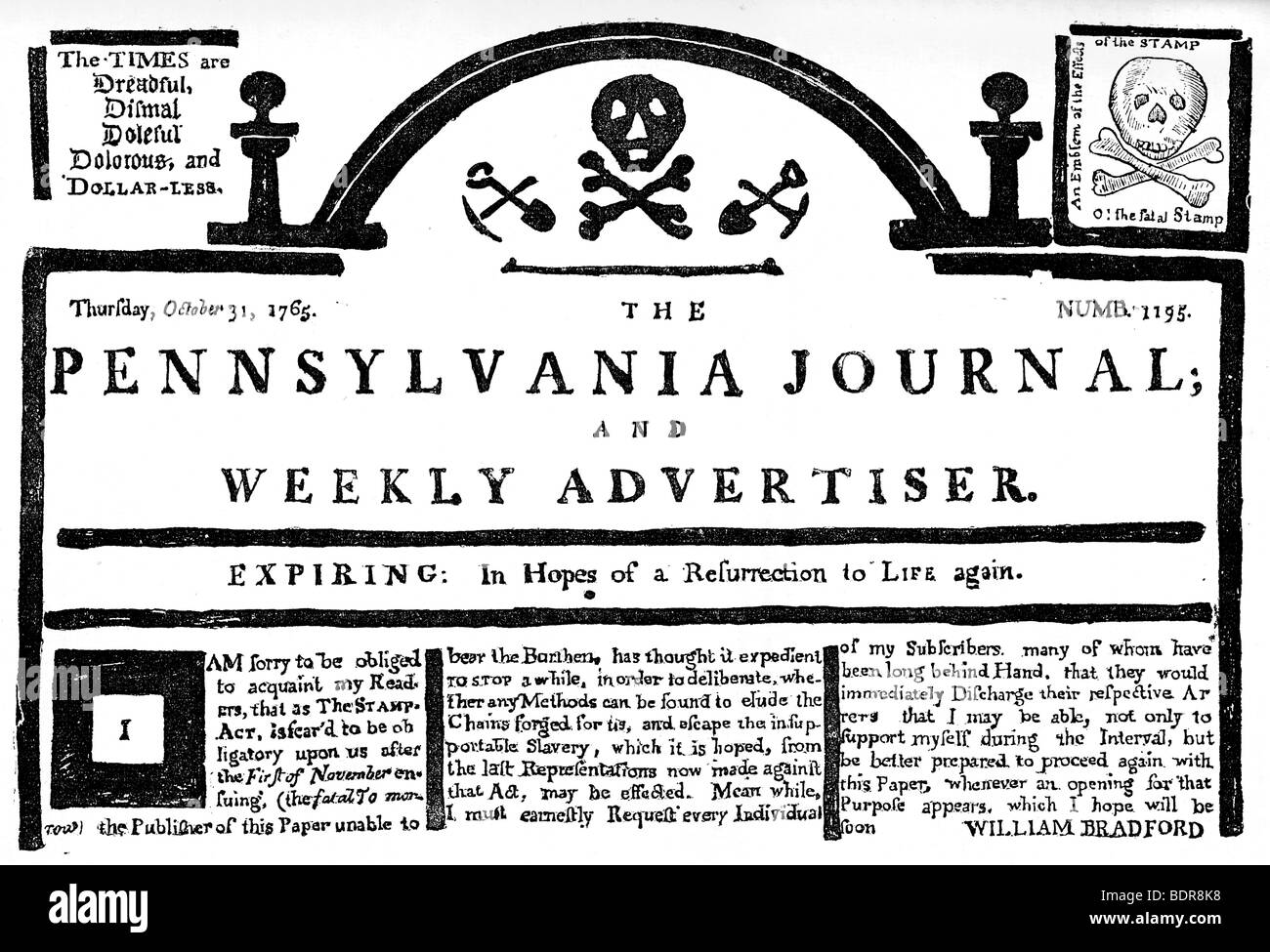 Faksimile der Pennsylvania Journal auf der Stamp Act, 1765 (c 1880). Artist: Unbekannt Stockfoto