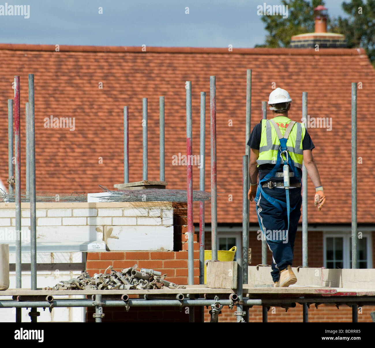 Bauarbeiter Website zu Fuß über Gerüst-Plattform. Stockfoto