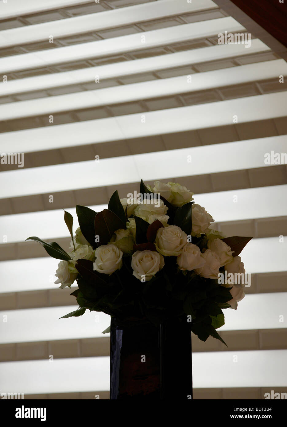 Vase mit weißen Rosen vor abgespeckte Wand im Labyrinth restaurant Stockfoto