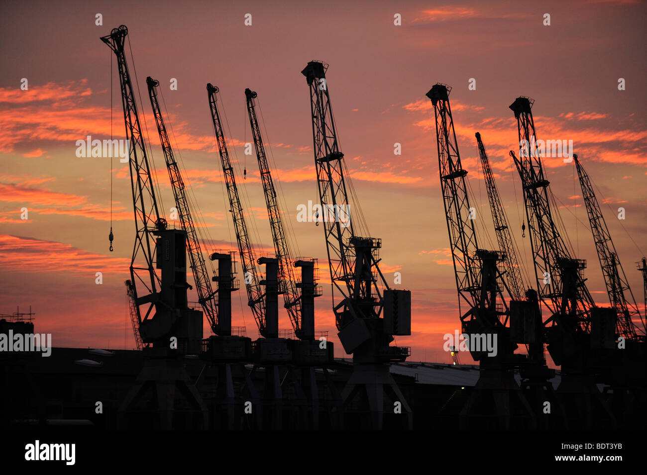 Kräne im Hafen von Hamburg, Deutschland, sind bei Sonnenuntergang, 1. August 2008 Silhouette. Stockfoto