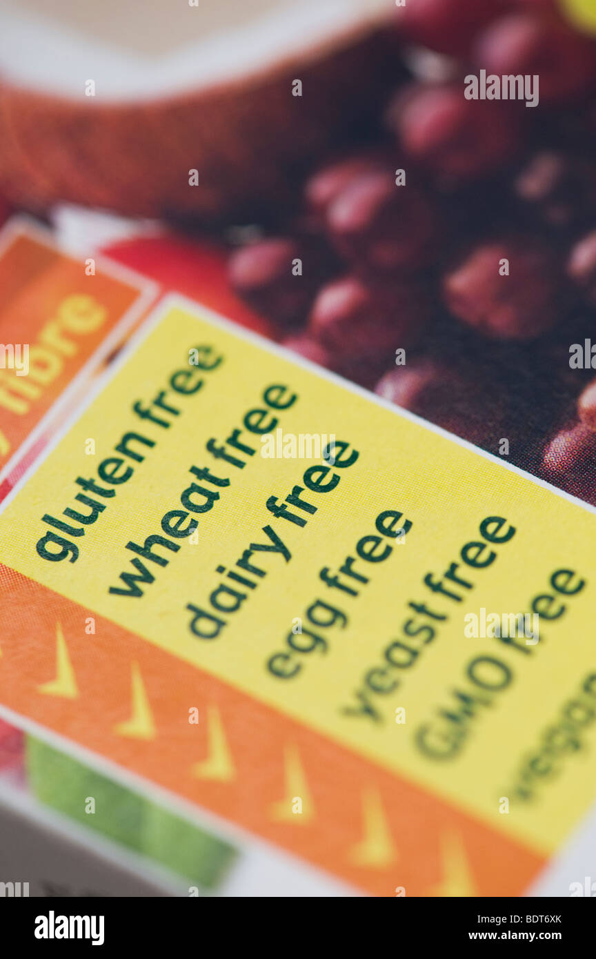 Weizen frei, Glutenfrei, ohne Milchprodukte, Ei, Hefe frei, GENTECHNIKFREIE, Vegan, essen Paket Etikettierung Stockfoto