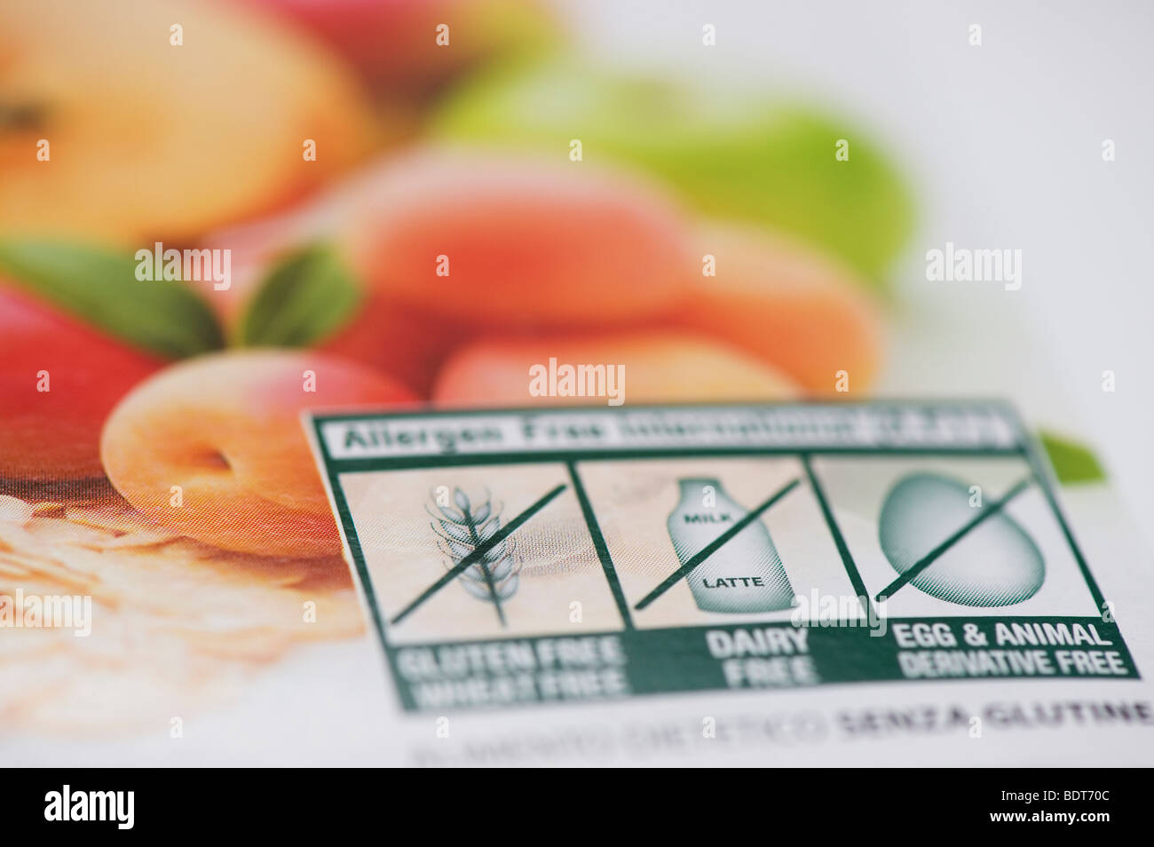 Weizen frei, Glutenfrei, ohne Milchprodukte, Tier- und Derivative frei, essen Paket Etikettierung Stockfoto