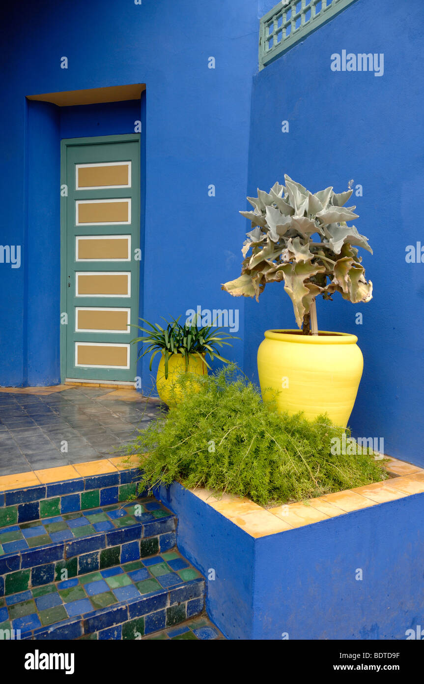 Blaues Haus, Museum & Wände mit gelben Pflanzer oder Topf, Jardin Majorelle oder Majorelle Garten, Marrakesch, Marokko Stockfoto