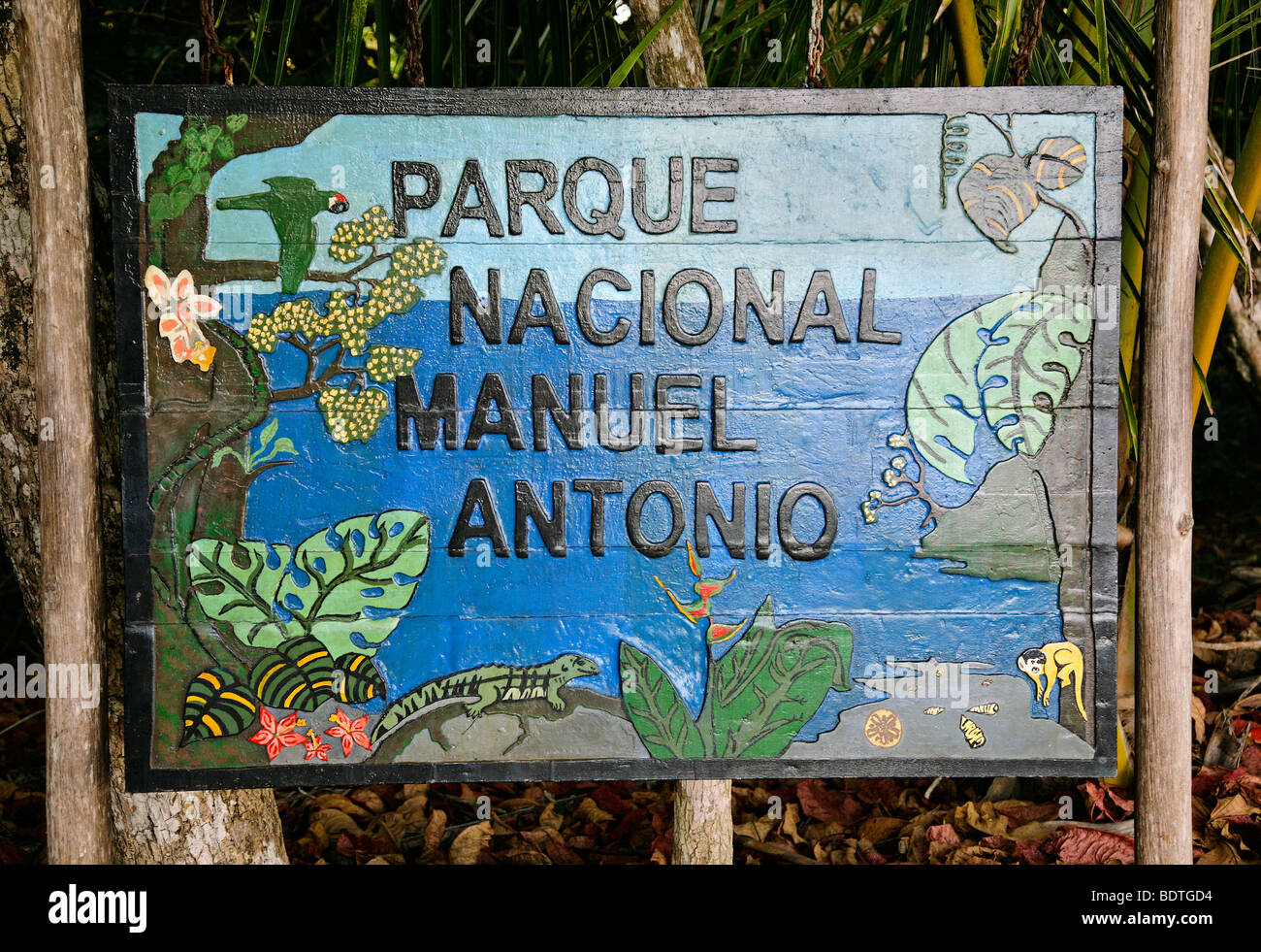 Costa Rica zentrale Lateinamerika Quepos Manuel Antonio Nationalpark Eingang Zeichen Stockfoto