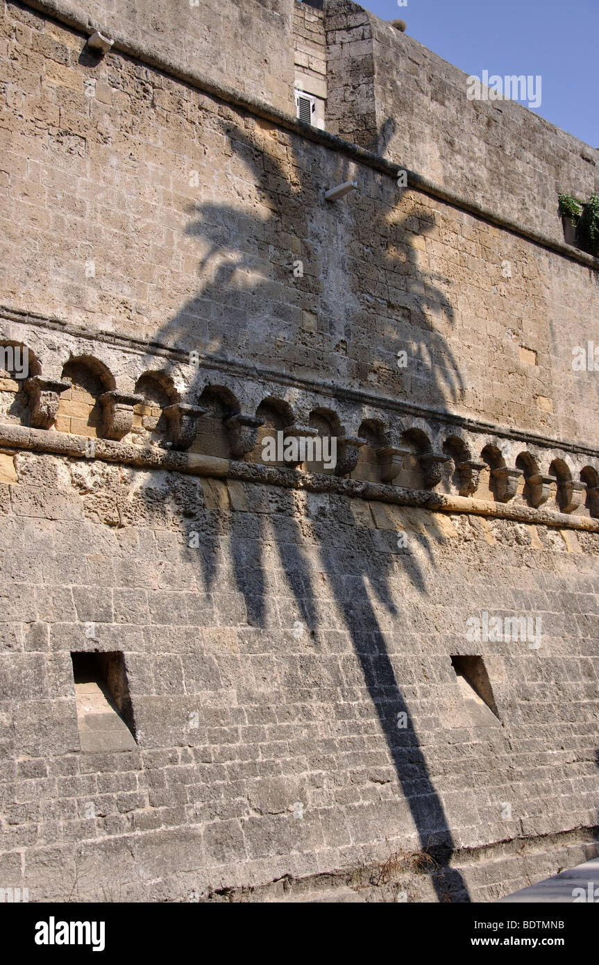 Palm Tree Schatten auf Burgmauern, Castello Normanno Svevo, Bari, Bari Provinz, Apulien Region, Italien Stockfoto