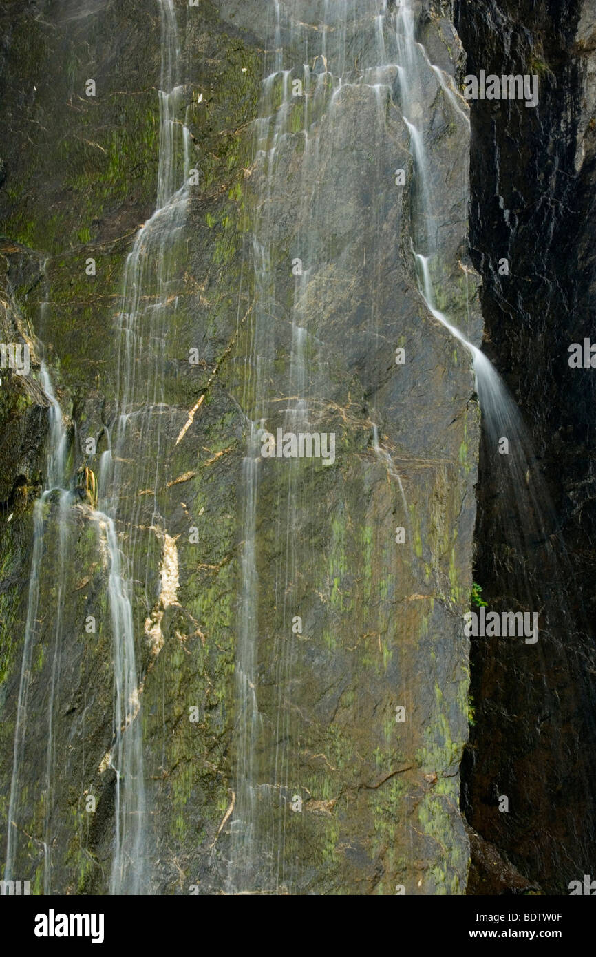 Kaskaden, Wasser herabfallende Felsen, Franz Josef Glacier, Westland National Park, West Coast, Südinsel, Neuseeland Stockfoto