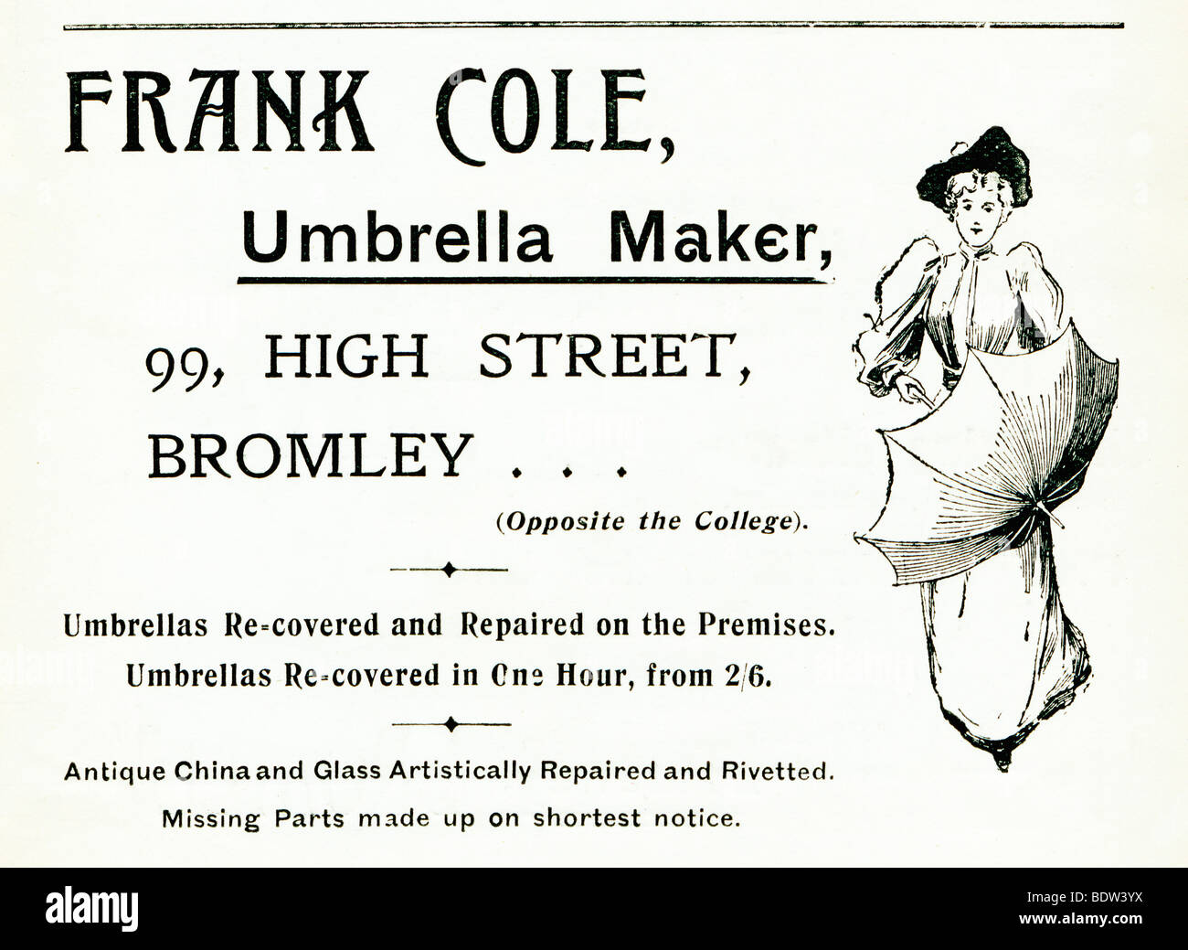Frank Cole, Regenschirm Maker 1900er Jahren Werbung für das Geschäft in der High Street von Edwardian Bromley, Kent Stockfoto