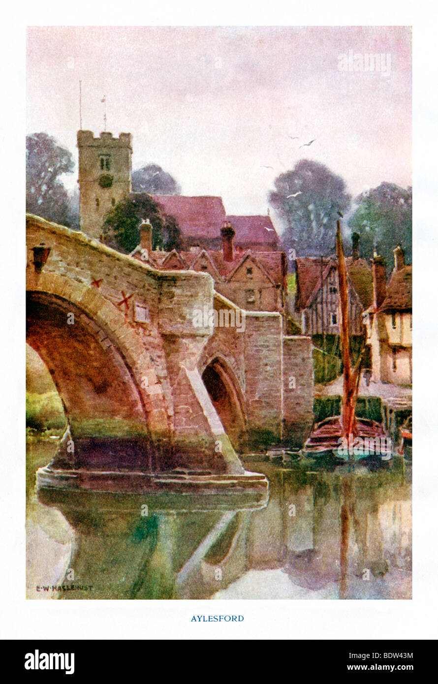 Aylesford, Edwardian Malerei der Kentish Stadt mit seiner Kirche und der Straße Brücke über den Fluss Medway Stockfoto