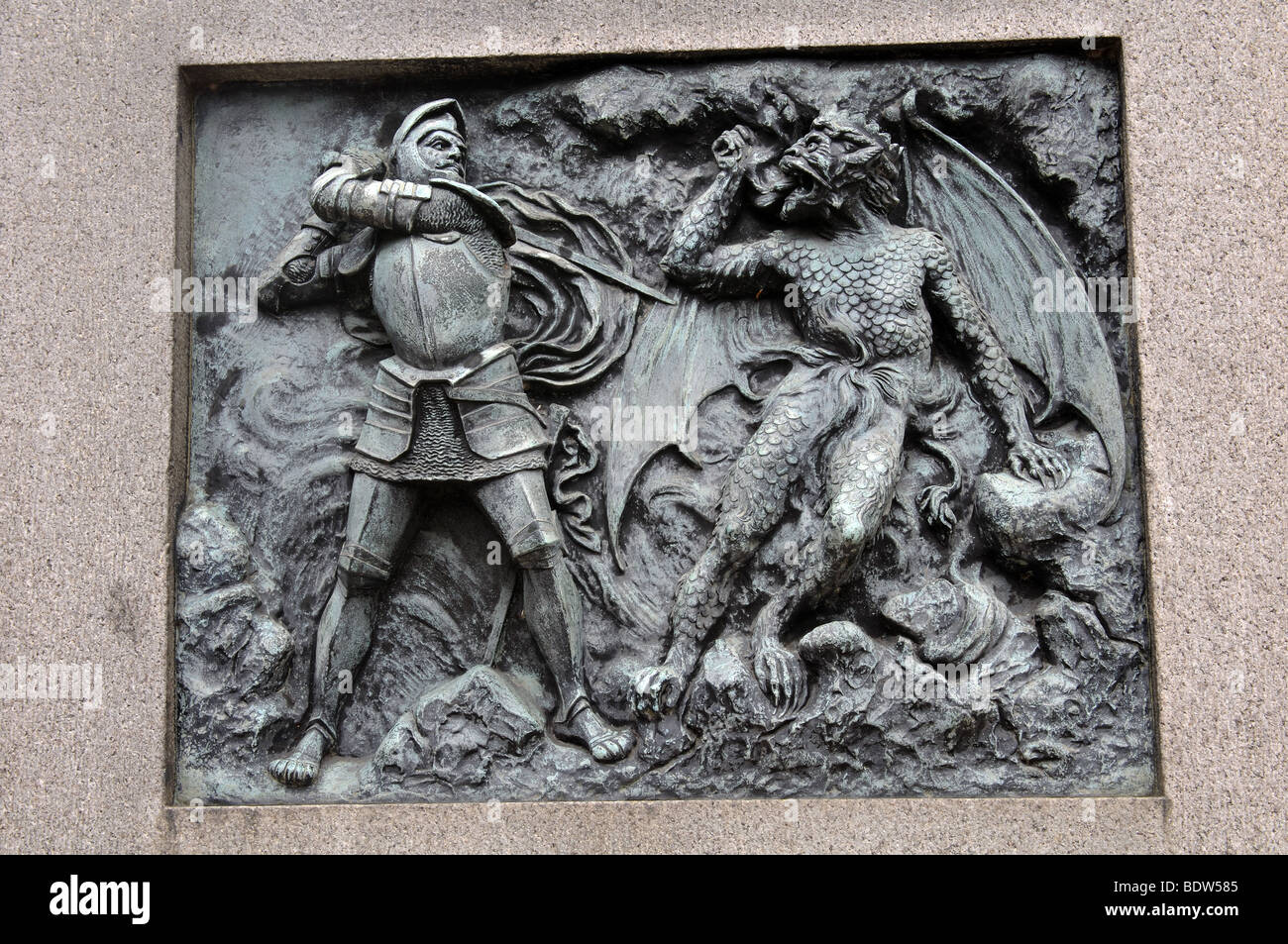 Gedenktafel an der Statue von John Bunyan, Bedford, Bedfordshire, England, UK Stockfoto