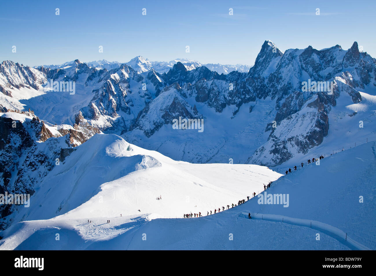 Skifahrer, Vallee Blanche anständige, Aiguille du Midi (3842M), Chamonix-Mont-Blanc, Haute-Savoie, Französische Alpen, Frankreich Stockfoto