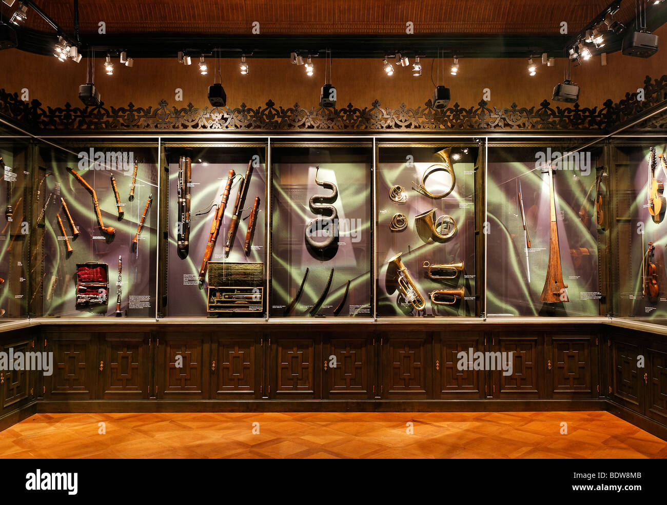 Musikinstrumentensammlung in Glasvitrinen, Schloss Elisabethenburg Burg, Rhön, Thüringen, Deutschland, Europa Stockfoto
