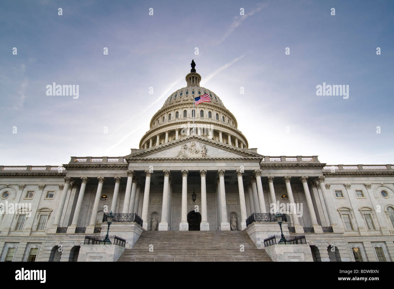 Ein Blick auf die Ost-Schritte des United States Capitol Building. Stockfoto