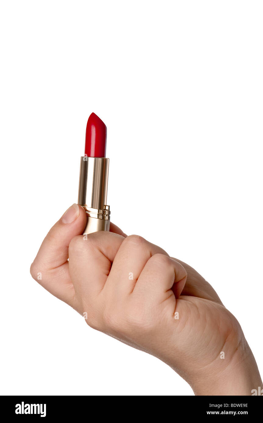 Ein vertikales Bild ein Womans Hand mit rotem Lippenstift Stockfoto