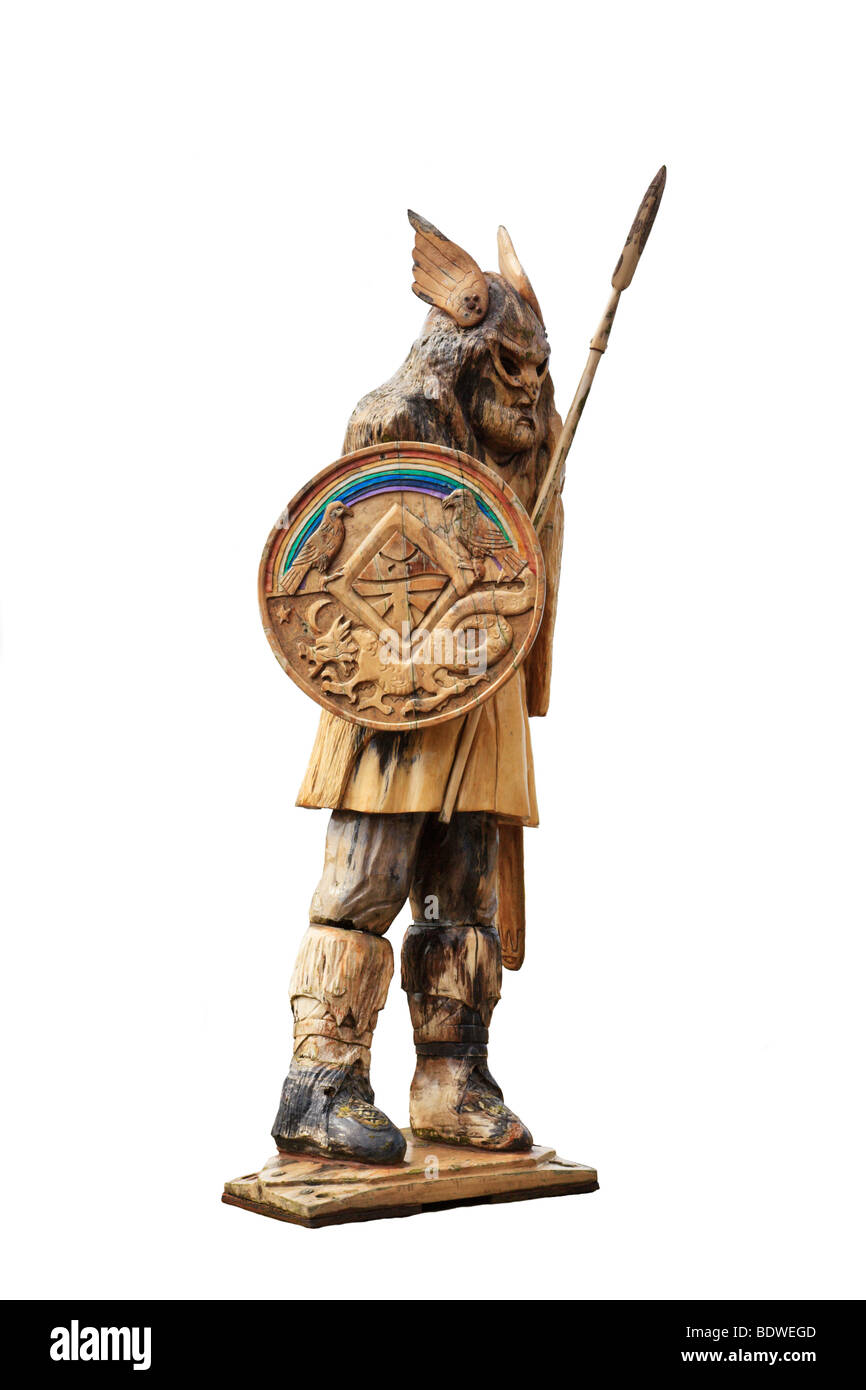 Holzschnitzerei ein Wikinger-Krieger in John O' Groats, Caithness. Schottland Stockfoto