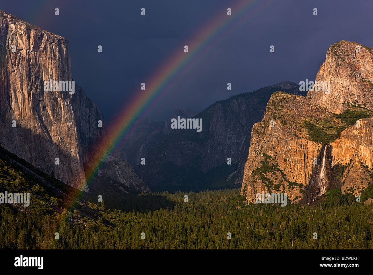 Lebendige Regenbogen über Yosemite Valley während Sommergewitter, Yosemite-Nationalpark, Kalifornien, USA. Stockfoto