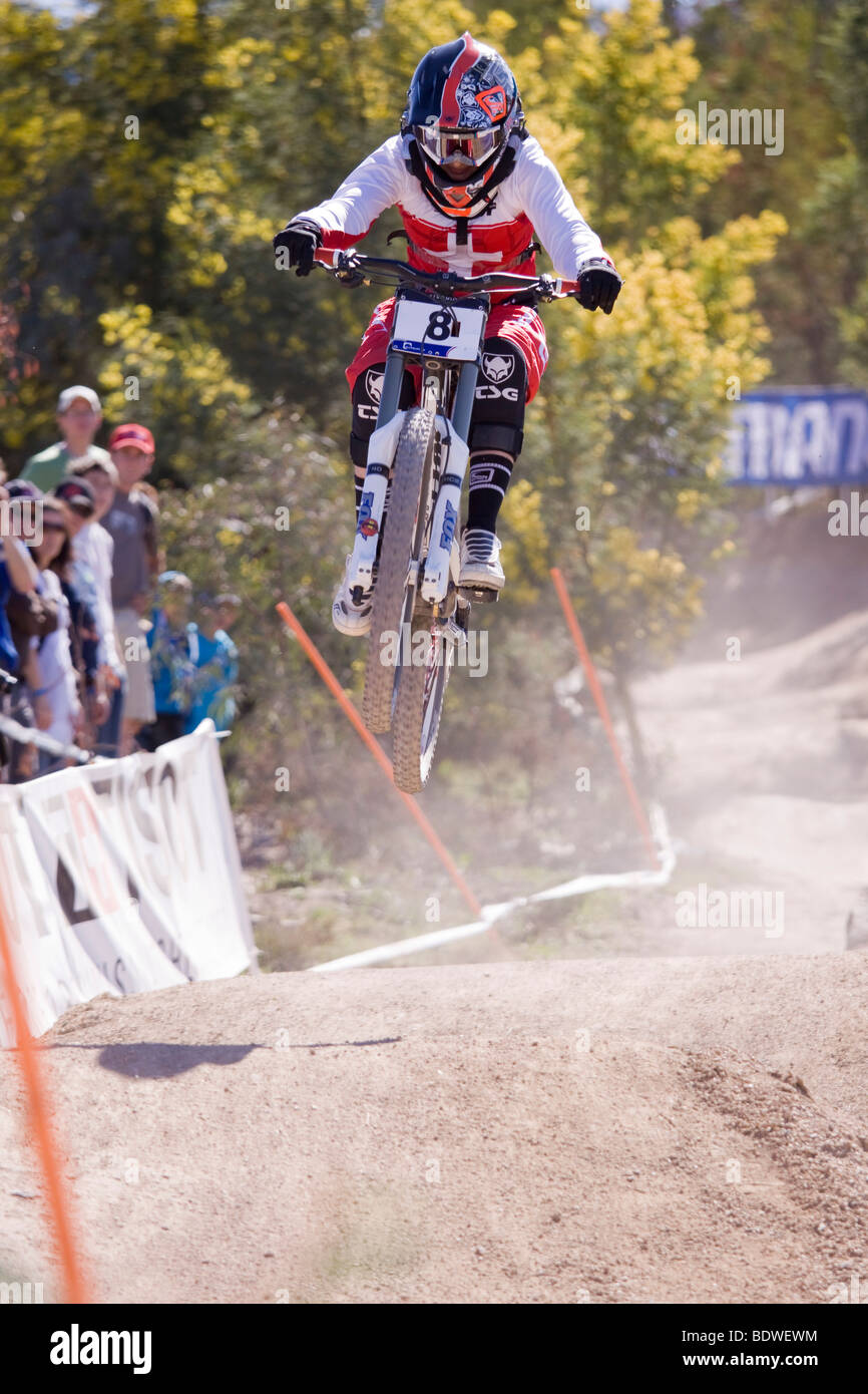 CANBERRA - SEPTEMBER 6: Emilie SIEGENTHALER aus der Schweiz bei der UCI Mountain Bike Weltmeisterschaft 2009 Abfahrt Frauen Stockfoto