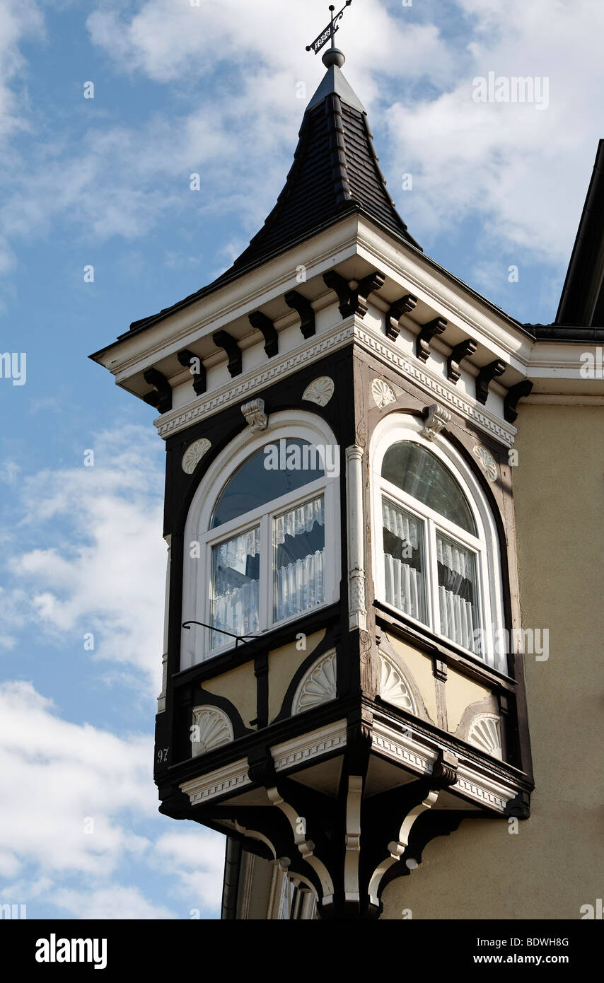 Historische Fachwerk-Erker, George Street, Meiningen, Rhön, Thüringen, Deutschland, Europa Stockfoto