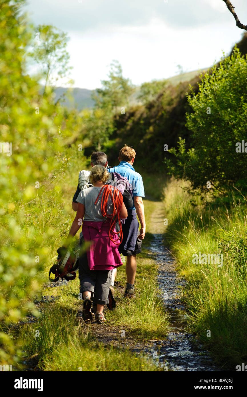 Wandern entlang der Höflichkeit Wanderweg auf der alten Schiene Gleisbett, Sommer Cwm Prysor, Snowdonia-Nationalpark, Gwynedd, Nordwales, Stockfoto