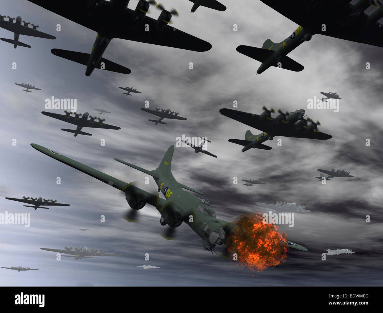 B - 17g Flying Fortress Bomber auf ein Tageslicht Bombardierung-Mission. Stockfoto